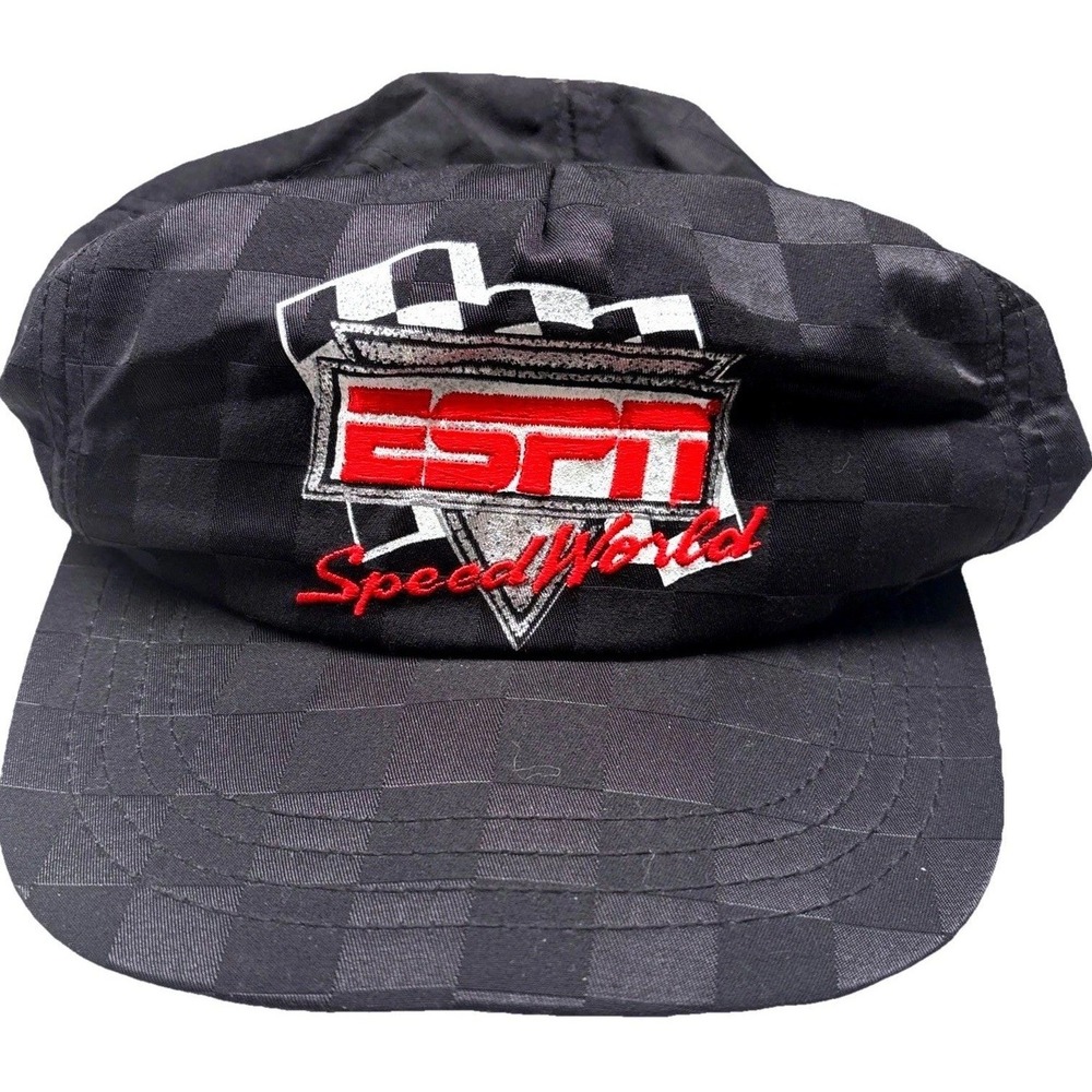 Vintage ESPN Speed World Hat Snapback Cap Black Checkered Racing 90s NASCAR